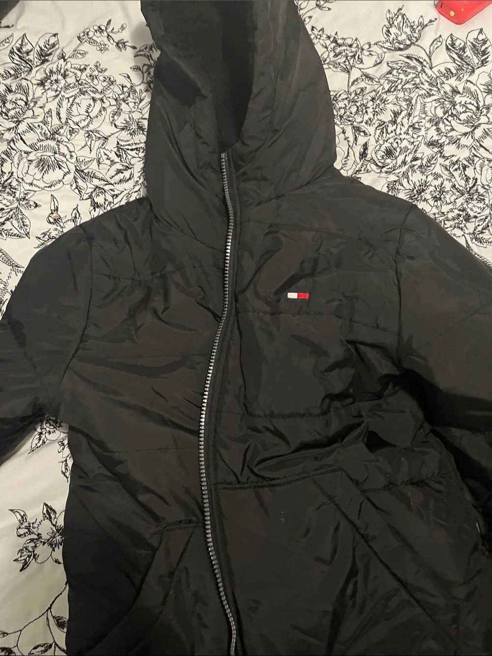 Tommy Hilfiger Kids Black Puffer Jacket with Red & White Trim
